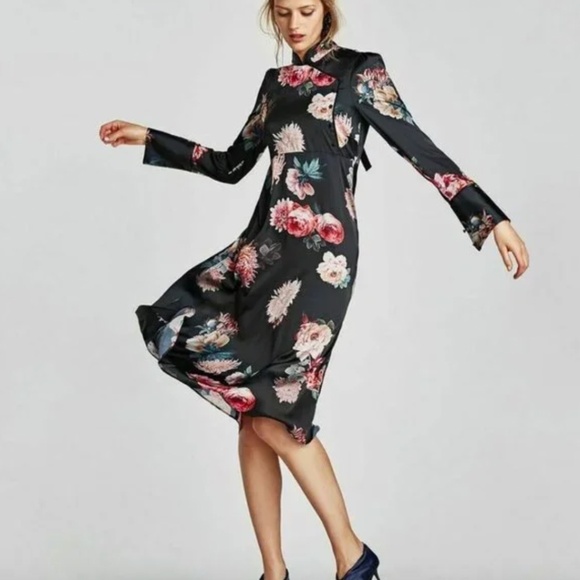 Zara Dresses & Skirts - ZARA BLACK SATIN STYLE FLORAL DRESS-NWOT🌸🌼🌸PTP 19